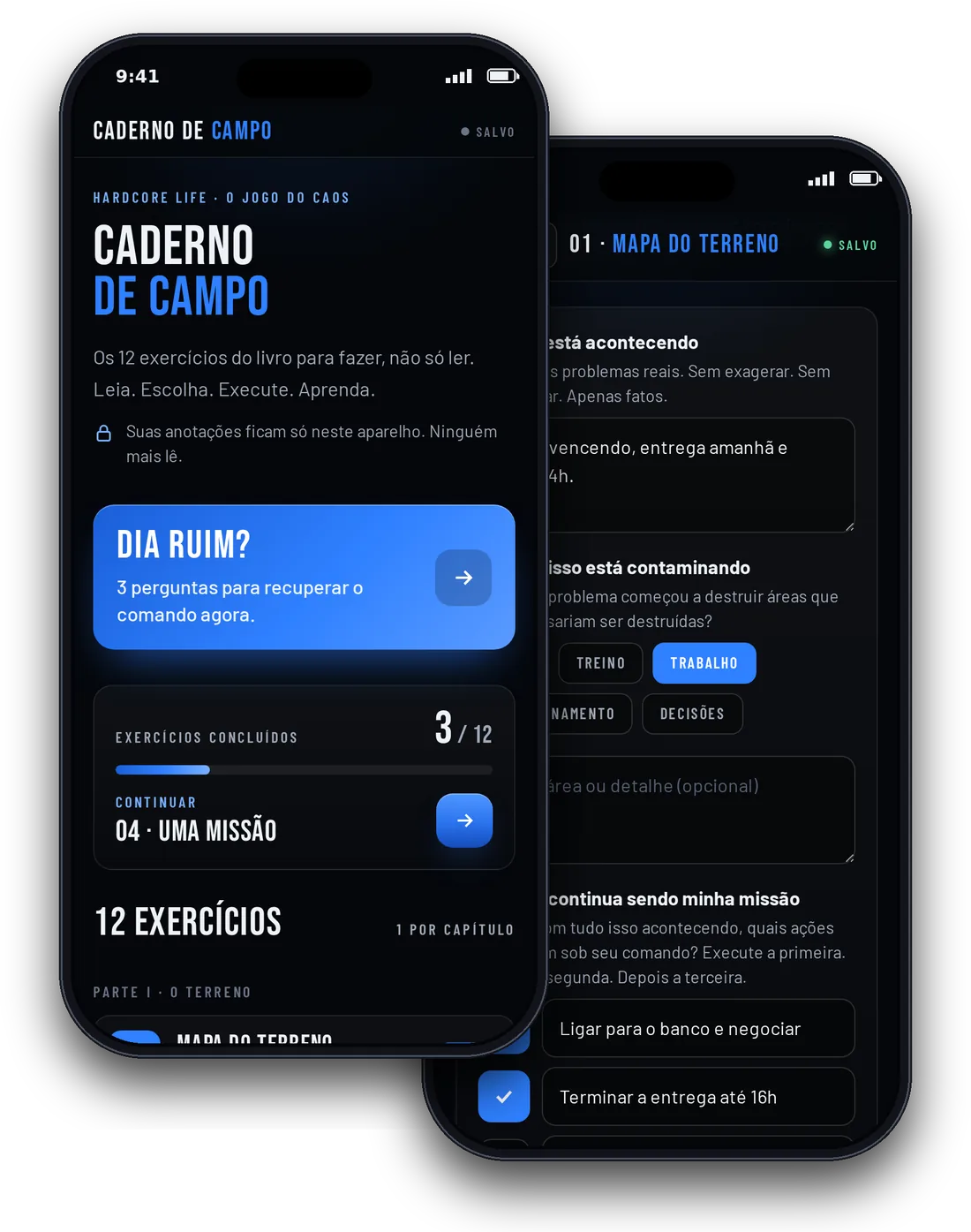 Caderno de Campo aberto no celular: tela inicial com o botão Dia ruim e o exercício Mapa do Terreno