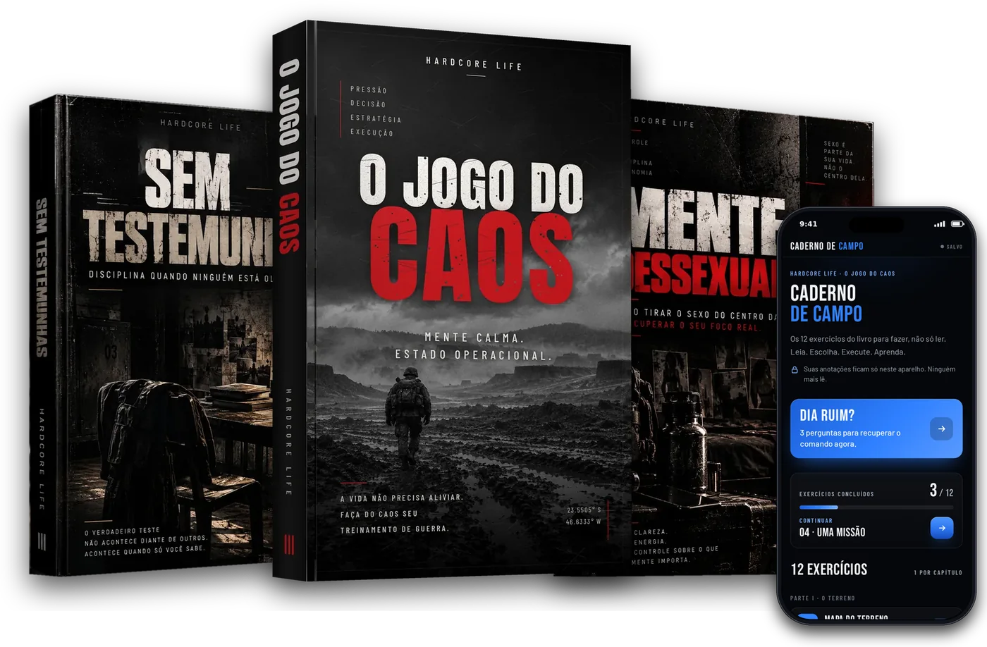 Os três e-books (Sem Testemunhas, O Jogo do Caos e Mente Dessexualizada) e o Caderno de Campo no celular